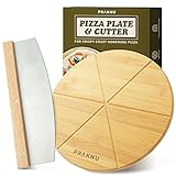 Praknu Pizzabrett aus Holz mit Pizzaschneider - 2er-Set - Pizzamesser aus Edelstahl mit scharfer Kling