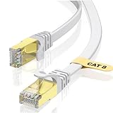 VOIETOLT Cat8 Lan Kabel 10M mit Clips, 40Gbps/2000MHz Flach Schirmung Hochgeschwindigkeit Netzwerkkabel, STP RJ45 Gigabit Cat-8 Ethernet Kabel für PS4/5, Xbox, Modem, Router (weiß)