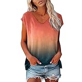 LOIJMK Damen Sommer-Oberteile mit Farbverlaufsdruck, V-Ausschnitt, lockere Tunika-Hemden, lässige Kurzarm-Hemden Raver Outfit (Orange, S)
