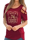 Rfecccy Damen 50. Geburtstag Geschenke Made in 74 Grafikdruck Schulterfrei Kurzarm T-Shirts Casual Top, Rot-1, Groß