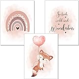 artpin® Poster Kinderzimmer, 3er Set Bilder Babyzimmer Mädchen, Altrosa Luftballon Regenbogen Fuchs K3