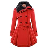 HaiDu Damenmode Kunstpelz Revers Zweireihiger dicker Woll-Trenchcoat Winter warme Jacke S-5XL (Color : Red, Size : 2X-Large)