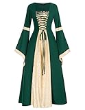 SCARLET DARKNESS Damen Vintage Kleid Lace-up vorne mit Trompetenärmel Renaissance Lange Kleider Halloween Kostüm Dunkelgrün XL