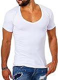 Young & Rich Herren Uni T-Shirt mit extra tiefem V-Ausschnitt Slimfit deep V-Neck Stretch dehnbar Basic Shirt 1315, Grösse:M, Farbe:Weiß