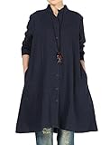 Vogstyle Damen Herbst Baumwolle Leinen Voller vorderer Knopf Blouse Kleid mit Taschen Style 1 XX-Large Navy