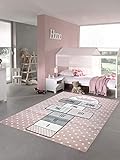 Merinos Kinderteppich Hüpfspiel Teppich Hüpfkästchen in Rosa Grau Creme Größe 120x170