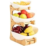 AdelDream Fruchtkuchen stehen mehrstöckiger Keramik-Obstkübel mehrstöckiger Obstsalat mit hölzernen Ständern strapazierfähig für Küchendekoration Gemüse Obst Snacks 3 Stufe Weiß