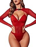 Avidlove Rave Outfits für Damen Sexy Dessous Bodysuit Schnalle Achselzucken Bauchfreies Top Set Rot M