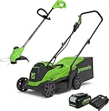Greenworks Elektro-Rasenmäher 24V 33cm 30L Grasfangbox und Kabelloser Rasentrimmer 25cm automatischer Vorschubkopf mit Akku 4Ah und Ladegerät GD24LM33LT25K4