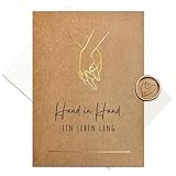 Karte zur Hochzeit aus Kraftkarton mit goldener Heißfolienprägung - Hand in Hand - Inkl. Briefumschlag und Wachssieg
