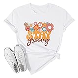 SUPEYA Stay Groovy Shirt für Damen, niedliches florales Grafik-T-Shirt, Hippie, 70er-Jahre-Sommer-Shirt, lässig, kurzärmelig, Weiss/opulenter Garten, XX-Larg