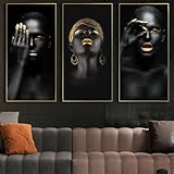 GELYX Schwarze Frau mit goldenem Schmuck, Leinwandgemälde an der Wand, Kunstposter und Drucke, afrikanische Frau, sexy Lippen, Kunstbilder, 60 x 90 x 3 cm,