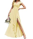 Acenia Damen Rüschen V-Ausschnitt Brautjungfernkleider Lange Rüschen Ärmel Chiffon Seitenschlitz A-Linie Formelles Kleid mit Taschen AC26, gelb, 52 M