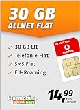 klarmobil Allnet Flat 30 GB – Handyvertrag 24 Monate im Vodafone Netz mit Internet Flat, Flat Telefonie und EU-Roaming – Aktivierungscode per E-M