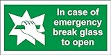 Hinweisschild englische Aufschrift: „In Case Of Emergency Break Glass To Open“ (Im Notfall zum Öffnen Glass zerbrechen). Selbstklebend, 100 mm x 50 