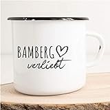 HUURAA! Emaille Tasse Bamberg Verliebt Geschenk Idee für Frauen und Männer 300ml Retro Vintage Kaffee-Becher Weiß mit Stadt Namen für Freunde und Kolleg