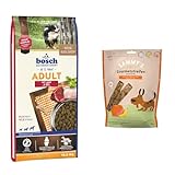 Bundle: Bosch HPC Adult mit Lamm & Reis | Hundetrockenfutter für ausgewachsene Hunde Aller Rassen | 1 x 15 kg + Sammy´s Gourmetstreifen | Hühnchen & Ente | Fleischiger Snack für Hunde | 6 x 180 g