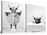 APOXYO 2 Stück Badezimmer Bilder Mit Rahmen,Hochland Kuh Wandkunst,Schwarz Weiß Leinwand Bild,Badezimmer Dekor Wandbilder(30x40cm)