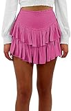 SEAUR Damen-Minirock mit hoher Taille, gerüscht, geschichtet, niedlich, gesmokt, ausgestellter Sommerrock, kurzer Rock, rosig, X-Groß