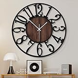 HAITANG 60cm Große Schwarz Wanduhr, Wohnzimmeruhr, Dekoration Vintage-Stil wanduhr lautlos Metall Holz wanduhr für Bauernhaus, Esszimmer, Schlafzimmer, Küche, Zuhause XXL Wanddek