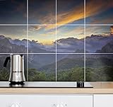 Fliesenaufkleber - Fliesenbild - Bild zum Aufkleben - Selbstklebendes Bild als Fliesen Dekoration - Küche & Bad (Fliese: 20x25 cm - Bild: 60x50 cm (6-tlg, Berge Sonnenaufgang)