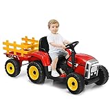 DREAMADE Traktor mit Abnehmbarem Anhänger, Elektrotraktor mit LED-Licht & Musik & Fernbedienung, Kindertraktor mit max. Tragfähigkeit von 30 kg, Aufsitztraktor für Kinder ab 3 Jahren (Rot)