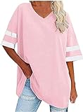 Damen-T-Shirt, tiefer V-Ausschnitt, farbiger Ausschnitt, Sommer, lockere Passform, kurzärmelig, modisch, schlicht, halblange Ärmel, Pink, Groß