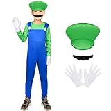 AOOWU Mario Kostüm Luigi Kostüm Set, 4-teiliges Set Mario Luigi Bodysuit Kostüm Kinder, Cosplay Outfit Jungen Mädchen mit Mütze Handschuhe Bart für Halloween Weihnachten Verkleidung (Grün, L)