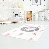Kinderteppich Bueno Konturenschnitt mit Fuchs und Blättern in Creme, Rosa, Grau für Kinderzimmer; Größe: 140x200
