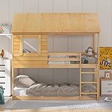 Kinderbett Holz Etagenbett 90 X 200 cm, Kinder hausbett mit Dach, Leiter und Lattenrost (Eichenfarbe)