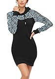 TrendiMax Damen Sweatshirt Langarm Hoodie Kleid Pulloverkleid Rollkragen Sweatkleid Kapuzenpulli Lange Tops, Schwarz Blumen, XL