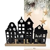 Bada Bing Teelichthalter Häuser aus Holz Metall in schwarz - Adventskranz für Teelichter mit Stadt Silhouette - Kerzenhalter Tischdeko Skyline - Geschenkidee für W