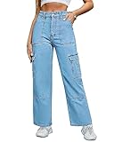 Damen Cargohose Hohe Taille Baggy Cargo Jeans Straight Leg Y2K Streetwear Hose 6 Taschen für Frauen Teenager Mädchen, Hellblau 02, X