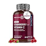 Cranberry mit Vitamin C - 25.000mg Cranberries pro Kapsel (50:1 Extrakt) - 3 Monate Vorrat - 180 Preiselbeeren Kapseln - 100mg Vitamin C - Immunsystem, Stoffwechsel - Natürliche Zutaten - maxmedix