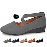 Damen Ballerinas mit überkreuzten Riemen, bequeme elastische Keil-Schlupfschuhe mit Fußgewölbeunterstützung, leicht, rutschfest, grau, 42 EU