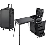 Kosmetik Trolley mit Tisch und 5 Schubladen Professioneller Nagelkoffer mit Rollen Kosmetikkoffer Make up Koffer Großer Friseurkoffer Manikürtisch Nageltisch Mobile Makeup-Station,Schw