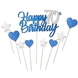 Yiran Tortendeko 70 Geburtstag Blau Silber, 9Stück Happy 70th Birthday Kuchen Deko mit Heart und Star Shapes Cake Topper, Kuchendeko Geburtstag für Mädchen Jungen Frauen M
