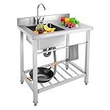 KLOOLIVE Freistehender Edelstahl Gastro Spültisch, 80x55x84cm Gewerbliche Spülbecken mit Kalten und Heißen Wasserhähnen, 100kg Tragfähigkeit Waschbecken Küche mit B