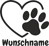Skins4u Autoaufkleber Wandtattoo mit Wunschnamen selber gestalten Hunde Namen Pfote mit Herz Haustier für Auto Wand Spieg