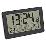 TFA Dostmann Digitale Funk-Wanduhr, 60.2557.01, mit Wecker mit 2 Alarmzeiten, großes Display, mit Temperaturanzeige, Datum, Wochentage, mit Hintergrundbeleuchtung, Tischuhr, 20 x 13cm, schw