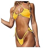 Triangel Bikini Set geschnittene Stück up PushHigh Two Women solide Spitze sexy Bikini up Badeanzüge Zweiteiliger String Bikini Badebekleidung 's Set Bademode Damen Bauchweg (Yellow, XL)
