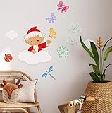 Baby Kinderzimmer Wandtattoo Set Sandmännchen auf Wolke Blumen Wandbilder selbstklebend (50x70 cm, Sandmann Schmetterling)