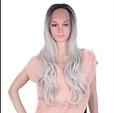 HUOQILIN Damen Schwarz Grau Farbverlauf Lange Lockige Haare Zweifarbige Vordere Spitze Chemiefaser Perücke Kopfbedeckung