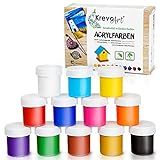 Krevo Art Wasserfeste Acryl-Farben, Acrylic Paint - 12 stark pigmentierte Acrylfarben Set je 20ml, Bastelfarben für Papier, Stein, Holz, Ton, Gips, Leinw