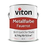 VITON Metallfarbe in Rot - 0,7 Kg Metall-Schutzlack Seidenmatt - Dauerhafter Schutz & hohe Beständigkeit - 3in1 Grundierung & Deckfarbe - Metalllack direkt auf Rost - KE31 - RAL 3000 F
