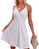 VOTEPRETTY Sommerkleid Damen Knielang Spaghettiträger Sommer Kleid Kurz Leicht V Ausschnitt Strandkleid Weiß