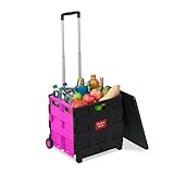 Relaxdays Einkaufstrolley klappbar, bis 35 kg, 50 l Kiste, mit Teleskopgriff, 2 Rollen, Transport Trolley, pink/schw