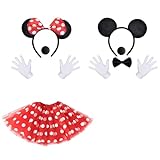 Topzora Damen Maus Mouse Kostüm Rot 2 Set Maus Mouse Kostüm,Rot Tutu mit weiß Gepunktet+ 2 weiße Handschuhe + 2 Nase + 1 Fliege Schleife für Fasching Karneval Motto Party