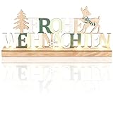 com-four® LED Deko Aufsteller aus Holz - beleuchteter Schriftzug auf Holzsockel - Deko-Schriftzug zum Hinstellen für Weihnachten - Stimmungslicht mit Timer (Rentiere - grün)