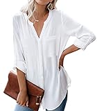 Dordanity Damen Bluse Elegant V-Ausschnitt Hemd Langarm Casual Arbeit Einfarbig Button Down Lose Langarmshirt Oberteile Tops (XX-Large,Weiß)